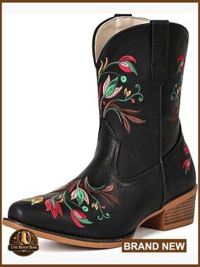 Women's Western Cowboy Boots Flower Embroidery Snip Toe Chunky Heel